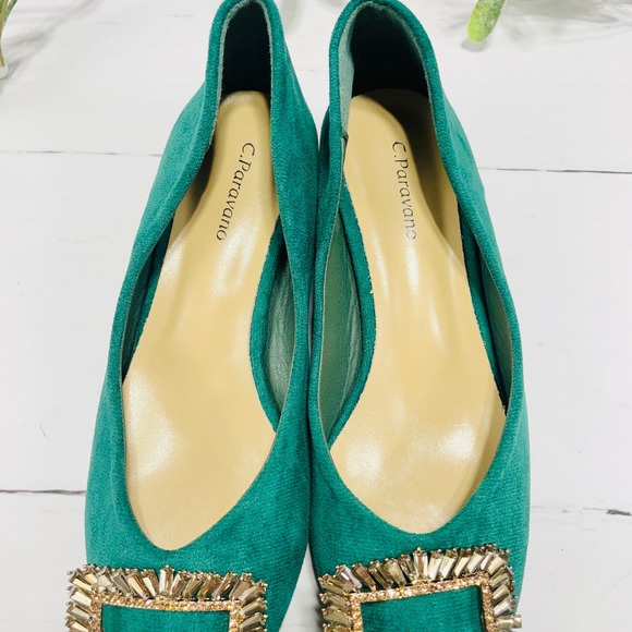 NEW C Paravano Hunter Green Block Heel Pointed Toe Flats with Embellished Buckle - Picture 9 of 12